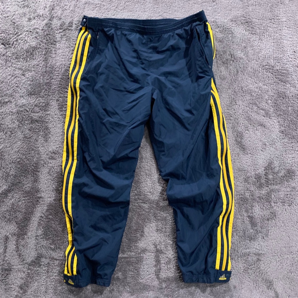 Adidas Vintage Mens XL Track Pants Navy Blue Yellow Stripe Nylon Windbreaker